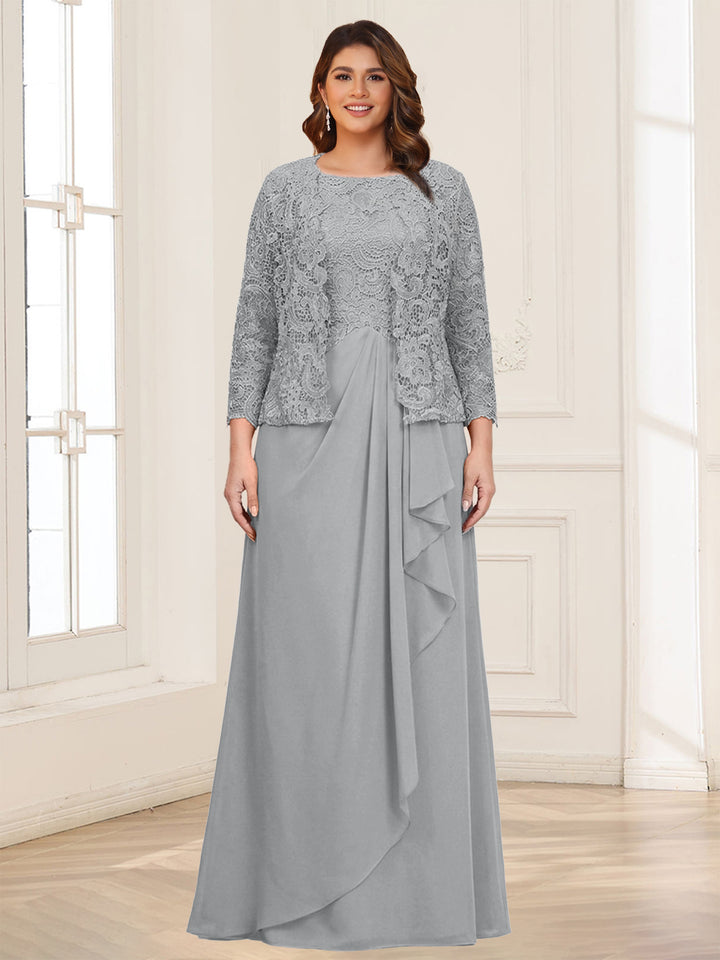Lace Chiffon Square Neck 3/4 Sleeves 2 Pieces Plus Size Mother of the Bride Dresses with Appliques &amp; Jacket
