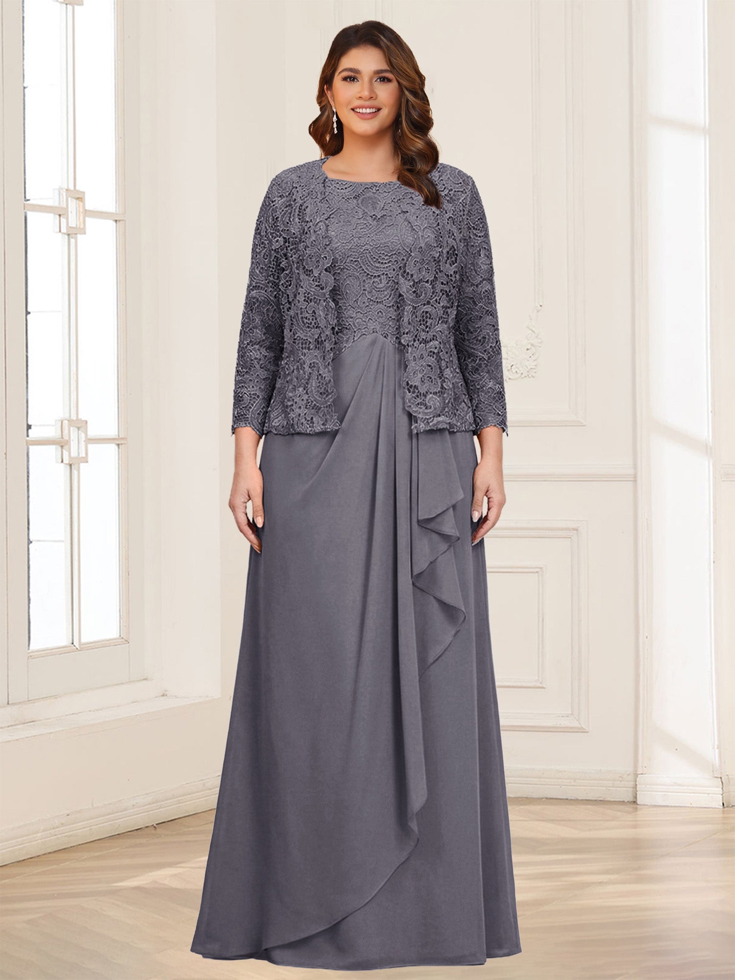 Lace Chiffon Square Neck 3/4 Sleeves 2 Pieces Plus Size Mother of the Bride Dresses with Appliques & Jacket