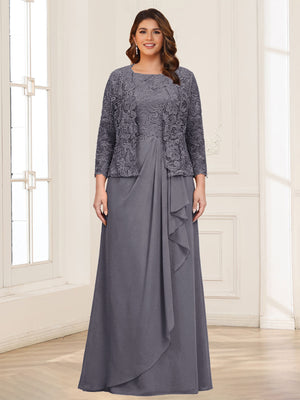 Lace Chiffon Square Neck 3/4 Sleeves 2 Pieces Plus Size Mother of the Bride Dresses with Appliques & Jacket