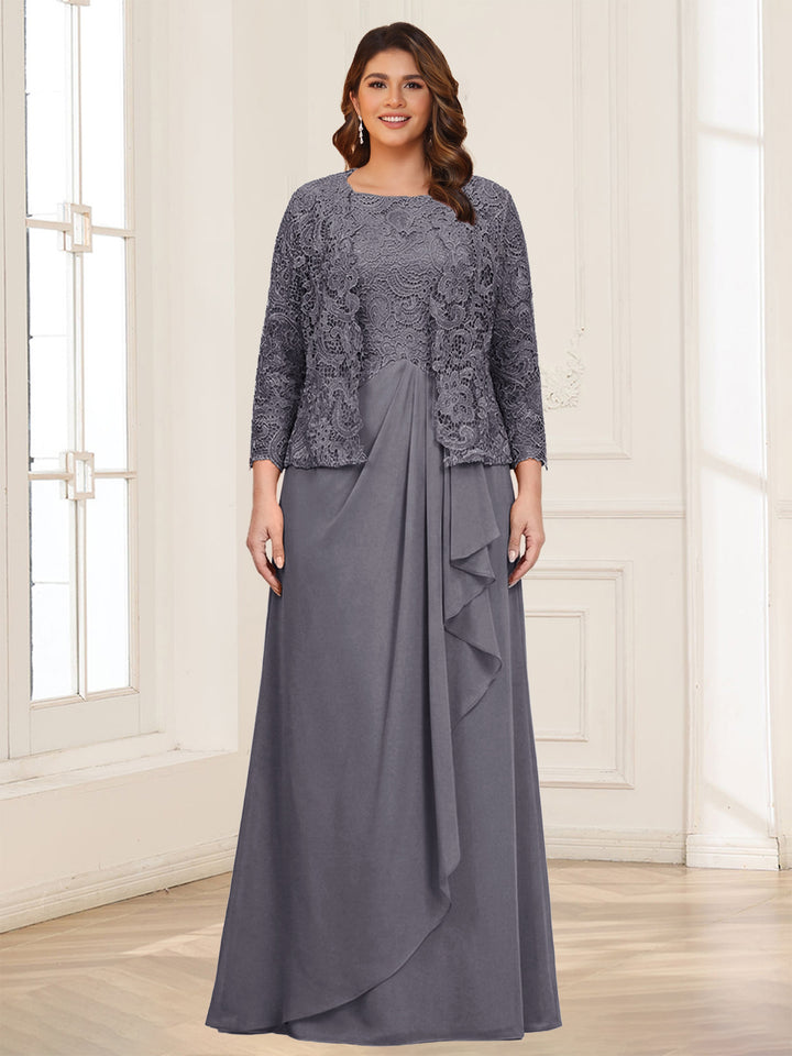 Lace Chiffon Square Neck 3/4 Sleeves 2 Pieces Plus Size Mother of the Bride Dresses with Appliques &amp; Jacket