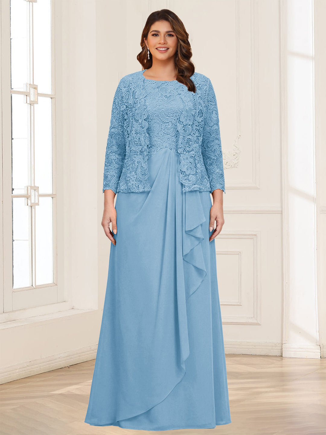Lace Chiffon Square Neck 3/4 Sleeves 2 Pieces Plus Size Mother of the Bride Dresses with Appliques &amp; Jacket