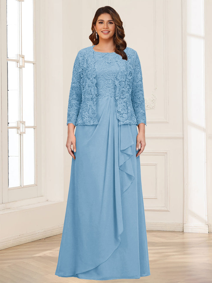 Lace Chiffon Square Neck 3/4 Sleeves 2 Pieces Plus Size Mother of the Bride Dresses with Appliques &amp; Jacket