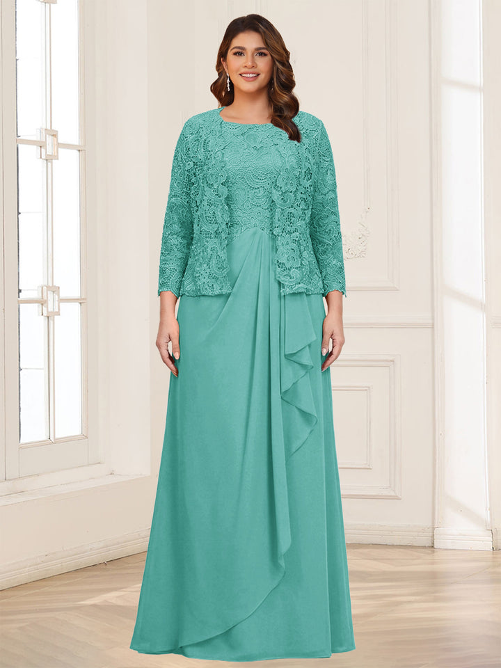 Lace Chiffon Square Neck 3/4 Sleeves 2 Pieces Plus Size Mother of the Bride Dresses with Appliques &amp; Jacket