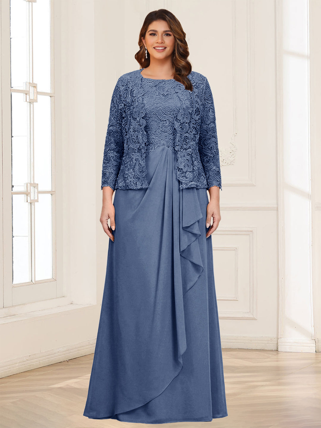 Lace Chiffon Square Neck 3/4 Sleeves 2 Pieces Plus Size Mother of the Bride Dresses with Appliques &amp; Jacket