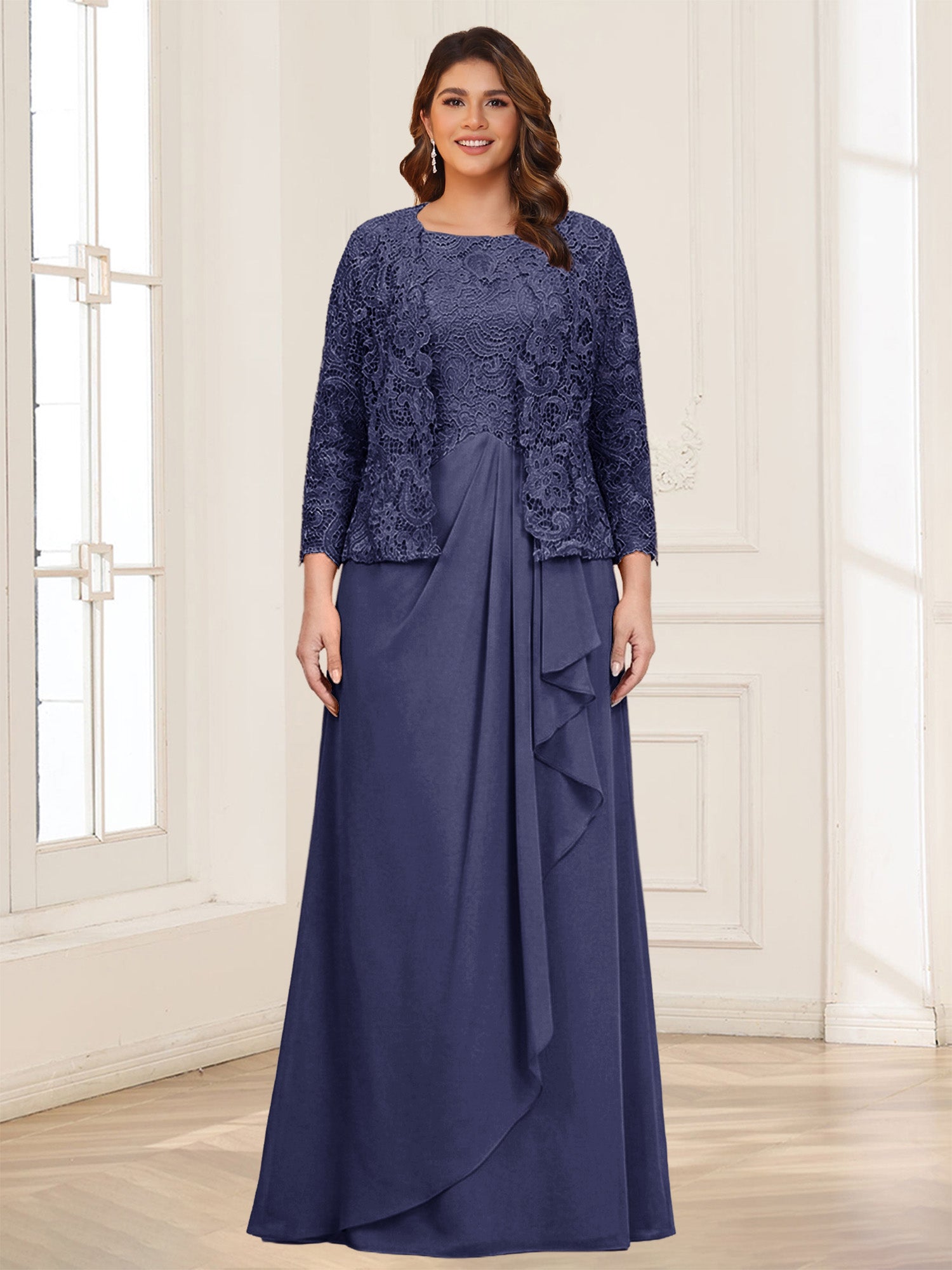 Lace Chiffon Square Neck 3/4 Sleeves 2 Pieces Plus Size Mother of the Bride Dresses with Appliques & Jacket