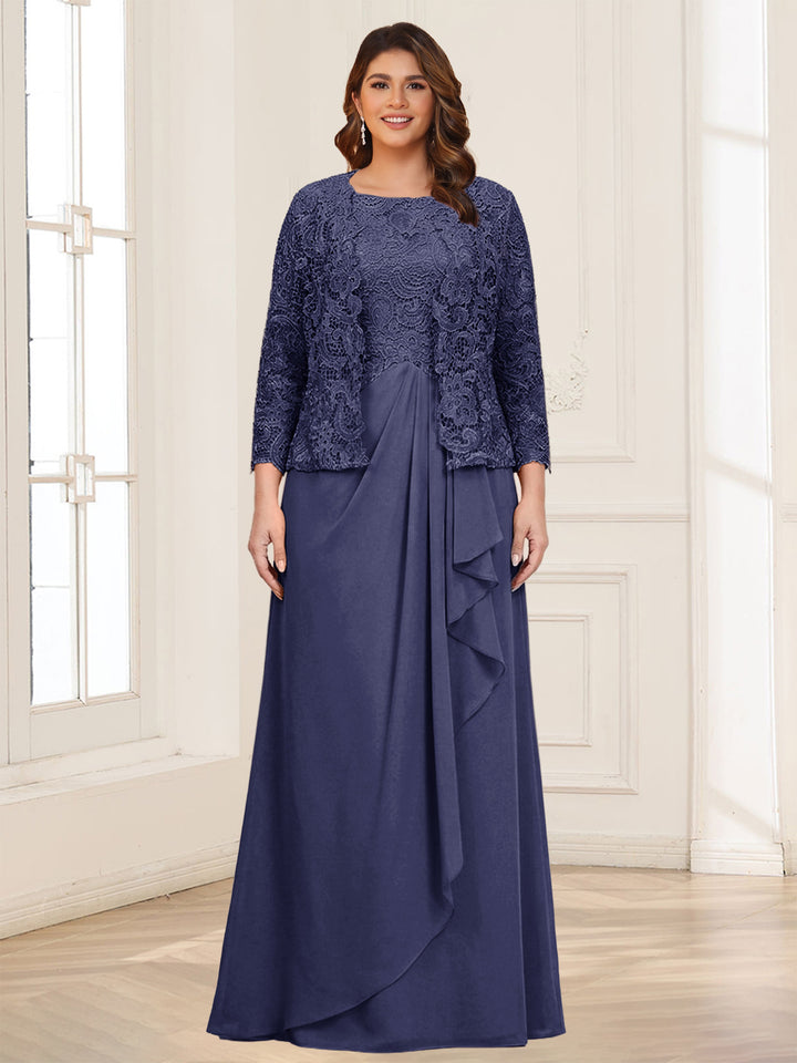 Lace Chiffon Square Neck 3/4 Sleeves 2 Pieces Plus Size Mother of the Bride Dresses with Appliques &amp; Jacket