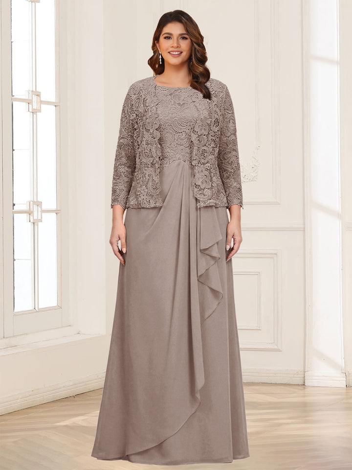 Lace Chiffon Square Neck 3/4 Sleeves 2 Pieces Plus Size Mother of the Bride Dresses with Appliques &amp; Jacket