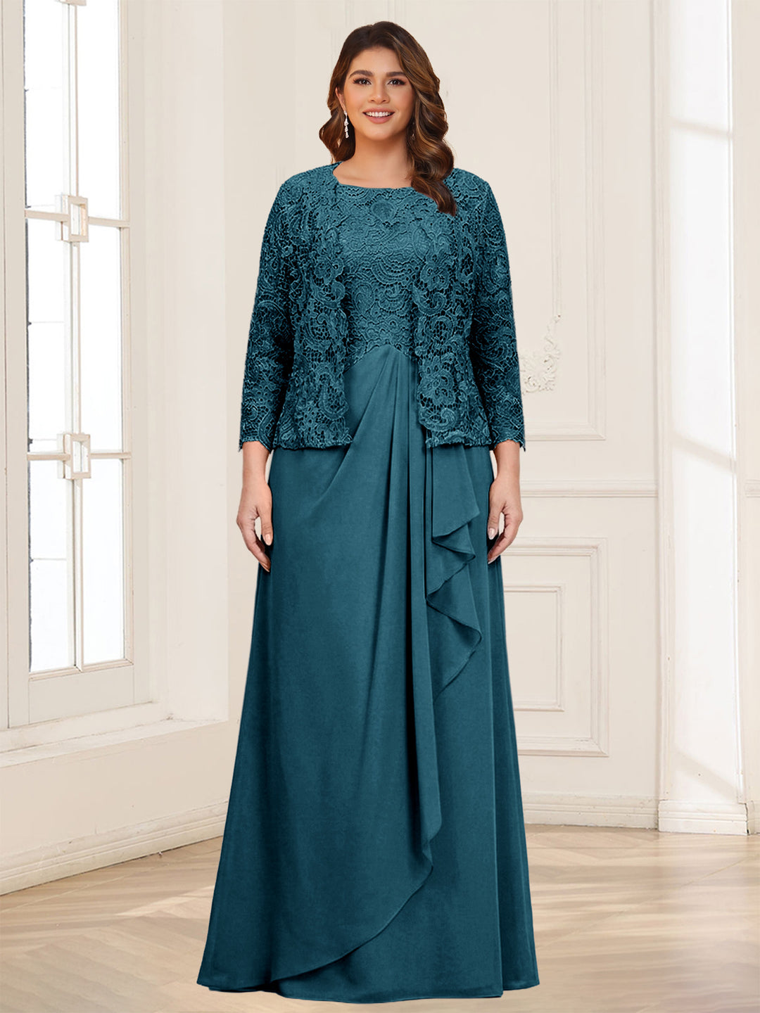 Lace Chiffon Square Neck 3/4 Sleeves 2 Pieces Plus Size Mother of the Bride Dresses with Appliques &amp; Jacket