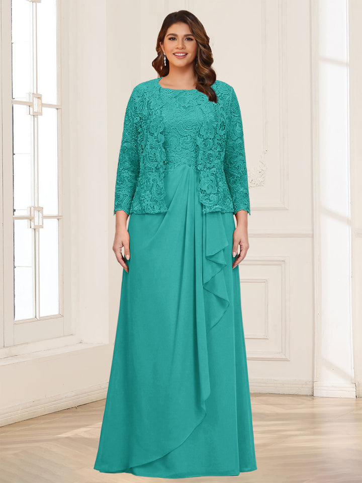 Lace Chiffon Square Neck 3/4 Sleeves 2 Pieces Plus Size Mother of the Bride Dresses with Appliques &amp; Jacket