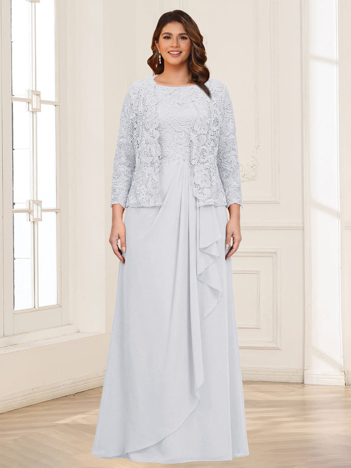 Lace Chiffon Square Neck 3/4 Sleeves 2 Pieces Plus Size Mother of the Bride Dresses with Appliques &amp; Jacket
