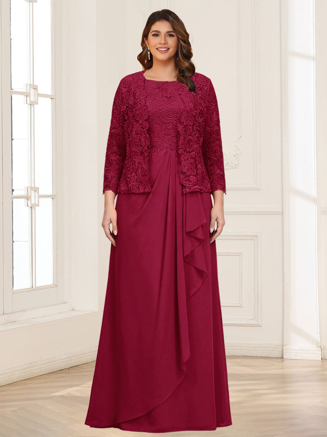 Lace Chiffon Square Neck 3/4 Sleeves 2 Pieces Plus Size Mother of the Bride Dresses with Appliques &amp; Jacket