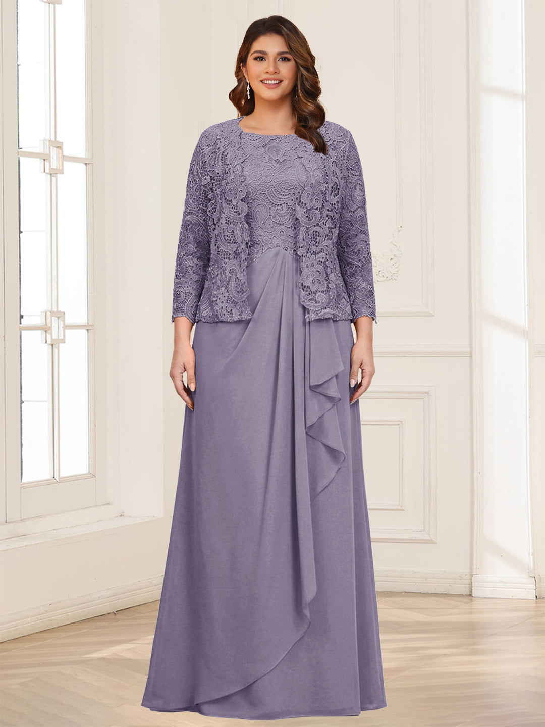 Lace Chiffon Square Neck 3/4 Sleeves 2 Pieces Plus Size Mother of the Bride Dresses with Appliques &amp; Jacket