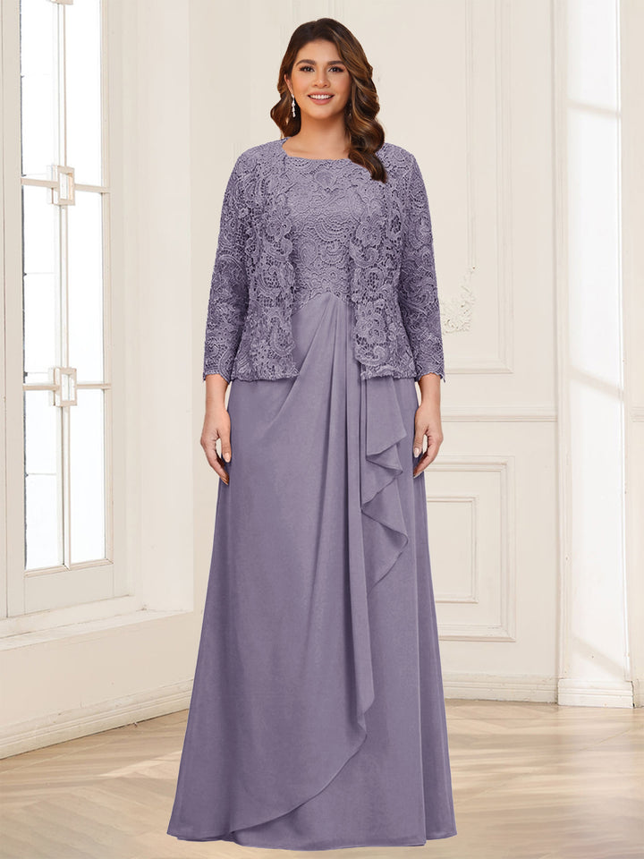 Lace Chiffon Square Neck 3/4 Sleeves 2 Pieces Plus Size Mother of the Bride Dresses with Appliques &amp; Jacket