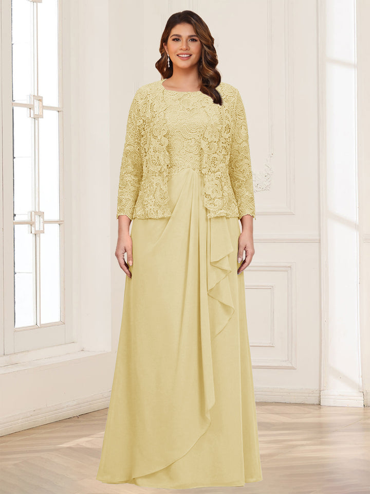 Lace Chiffon Square Neck 3/4 Sleeves 2 Pieces Plus Size Mother of the Bride Dresses with Appliques &amp; Jacket