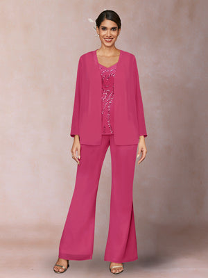 Chiffon Sequins V-Neck Long Sleeves 3 Pieces Pantsuits with Jacket