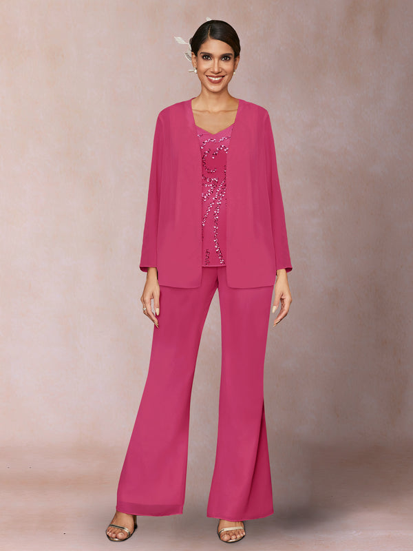 Chiffon Sequins V-Neck Long Sleeves 3 Pieces Pantsuits with Jacket