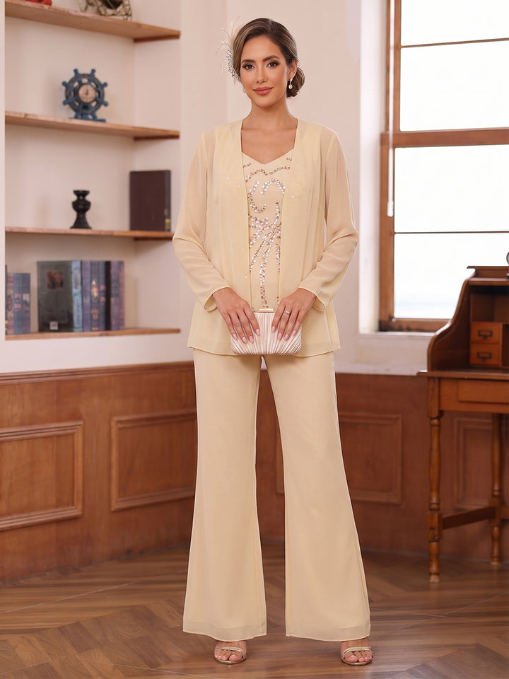 Pantsuits 3 Pieces V-Neck Long Sleeves Floor-Length Mother of the Bride with Sequins &amp; Jacket