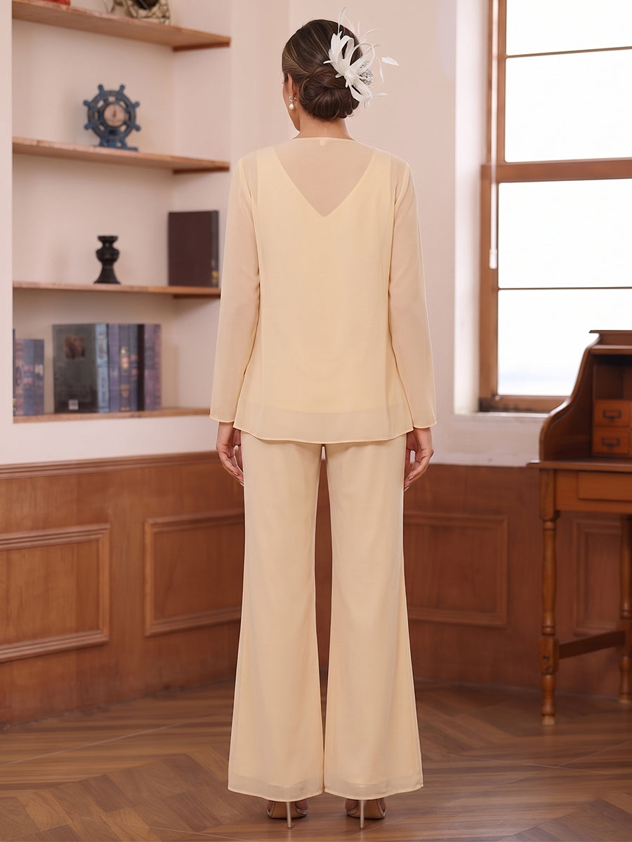Pantsuits 3 Pieces V-Neck Long Sleeves Floor-Length Mother of the Bride with Sequins &amp; Jacket