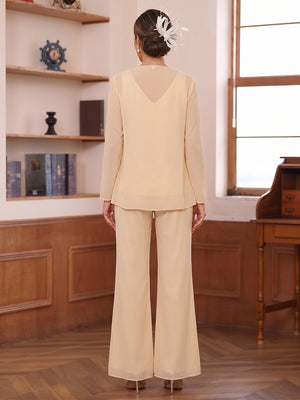 Pantsuits 3 Pieces V-Neck Long Sleeves Floor-Length Mother of the Bride with Sequins & Jacket