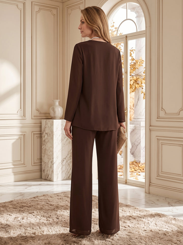 V-Neck Long Sleeves Floor-Length Chiffon 3 Pieces Pantsuits with Sequins &amp; Jacket