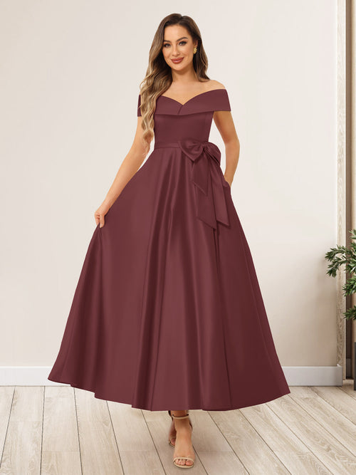 A-Line/Princess Off-The-Shoulder Sleeveless Long Wedding Guest Dresses with Bow Knot