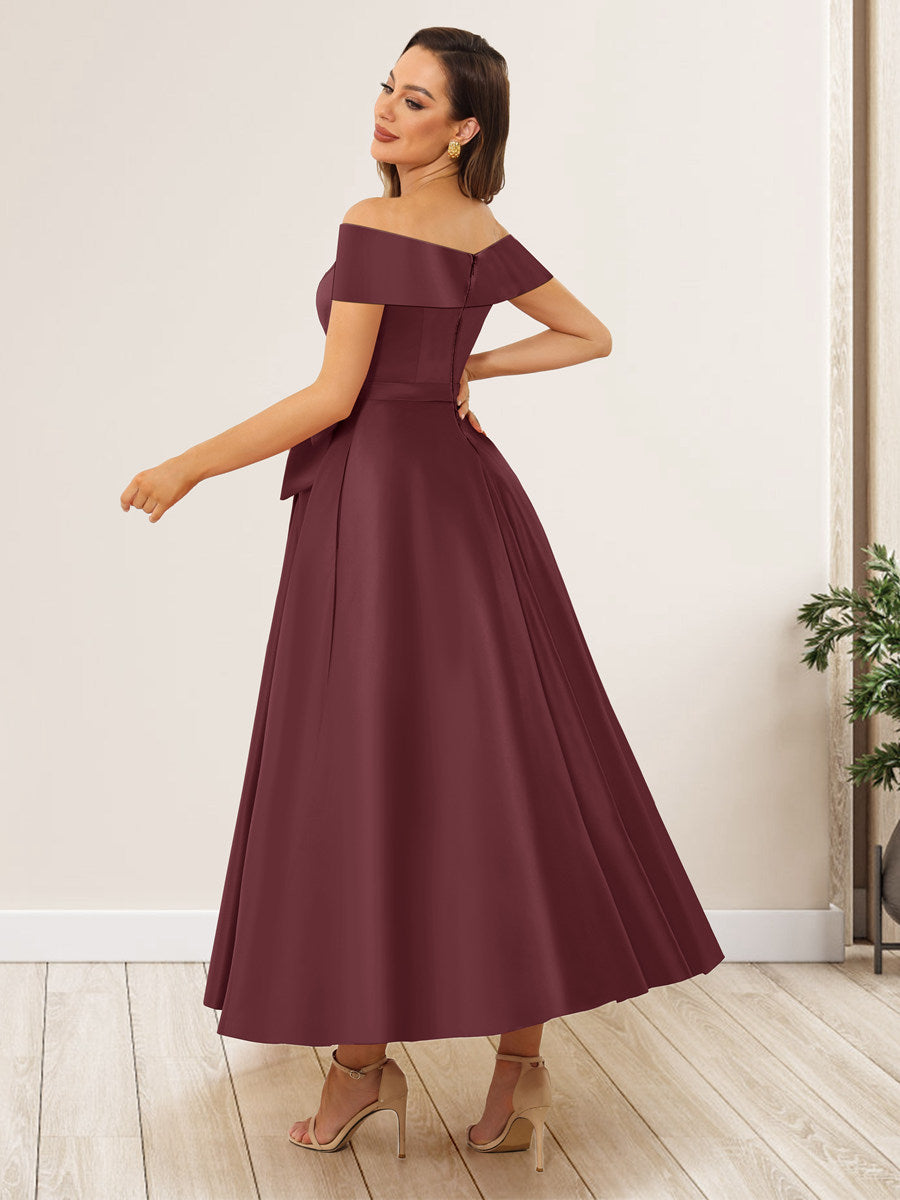 A-Line/Princess Off-The-Shoulder Sleeveless Long Wedding Guest Dresses with Bow Knot