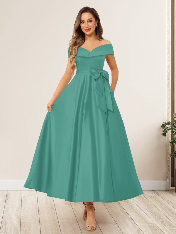 A-Line/Princess Off-The-Shoulder Sleeveless Long Wedding Guest Dresses with Bow Knot