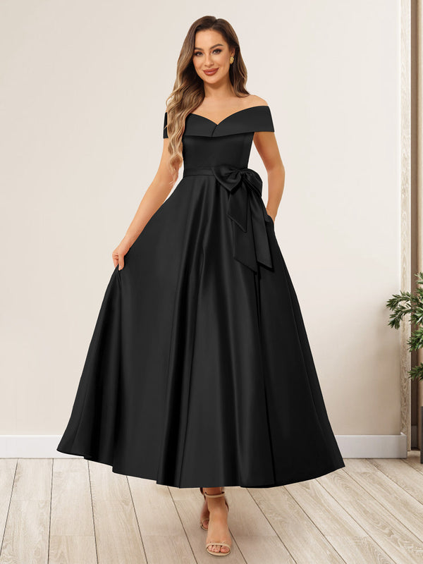 A-Line/Princess Off-The-Shoulder Sleeveless Long Wedding Guest Dresses with Bow Knot