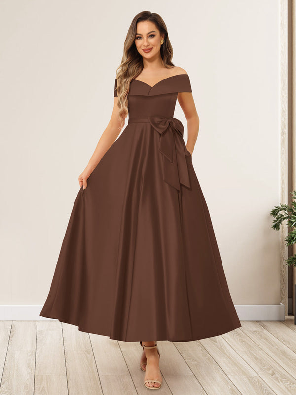 A-Line/Princess Off-The-Shoulder Sleeveless Long Wedding Guest Dresses with Bow Knot