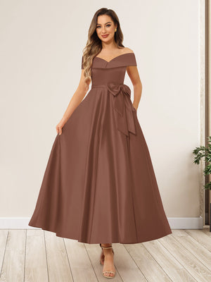 A-Line/Princess Off-The-Shoulder Sleeveless Long Wedding Guest Dresses with Bow Knot