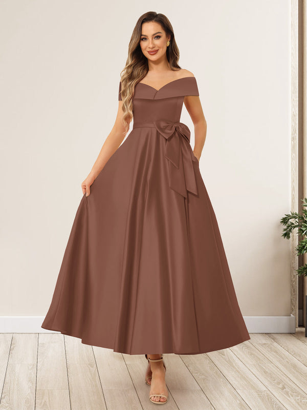A-Line/Princess Off-The-Shoulder Sleeveless Long Wedding Guest Dresses with Bow Knot