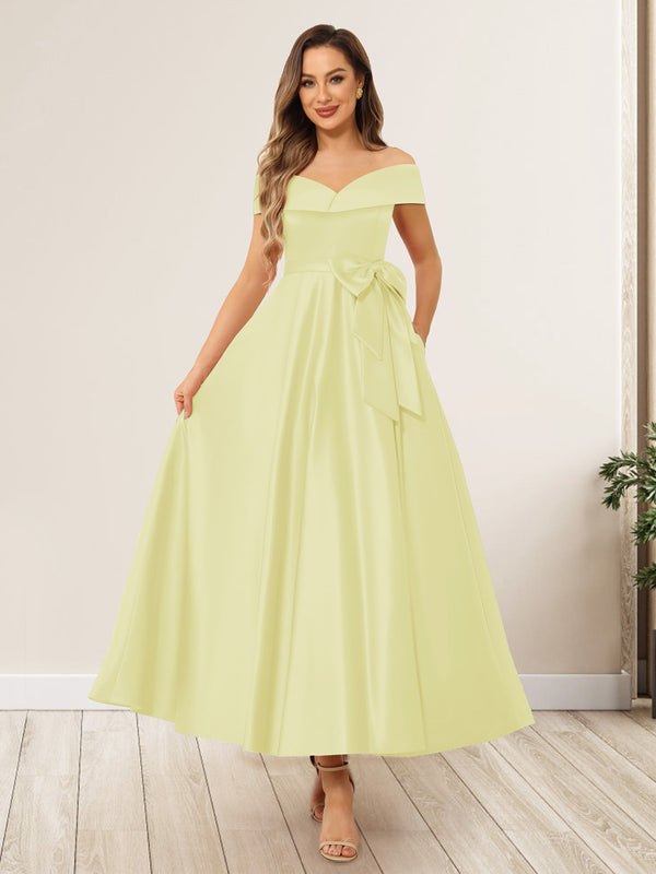 A-Line/Princess Off-The-Shoulder Sleeveless Long Wedding Guest Dresses with Bow Knot
