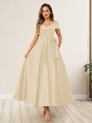A-Line/Princess Off-The-Shoulder Sleeveless Long Wedding Guest Dresses with Bow Knot