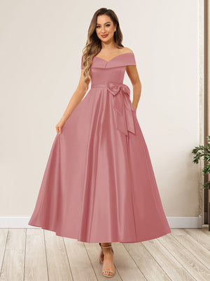 A-Line/Princess Off-The-Shoulder Sleeveless Long Wedding Guest Dresses with Bow Knot