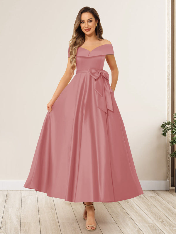 A-Line/Princess Off-The-Shoulder Sleeveless Long Wedding Guest Dresses with Bow Knot