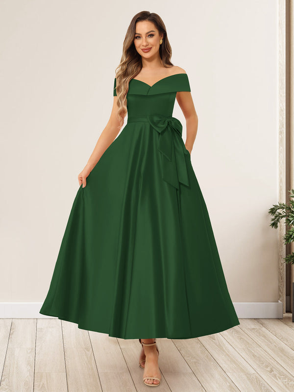 A-Line/Princess Off-The-Shoulder Sleeveless Long Wedding Guest Dresses with Bow Knot