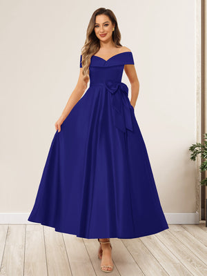 A-Line/Princess Off-The-Shoulder Sleeveless Long Wedding Guest Dresses with Bow Knot