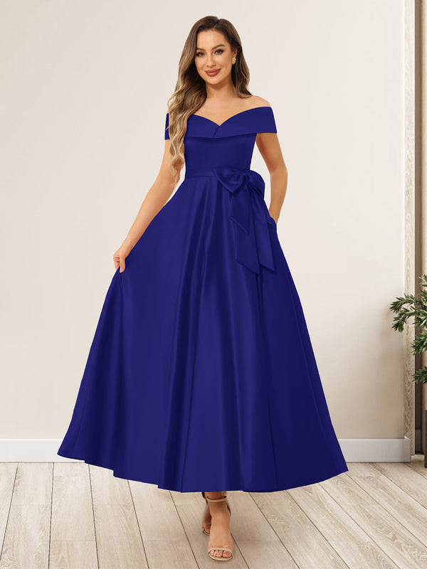 A-Line/Princess Off-The-Shoulder Sleeveless Long Wedding Guest Dresses with Bow Knot