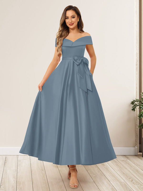 A-Line/Princess Off-The-Shoulder Sleeveless Long Wedding Guest Dresses with Bow Knot