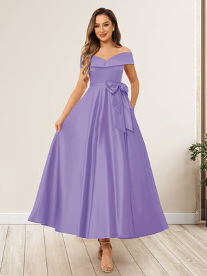 A-Line/Princess Off-The-Shoulder Sleeveless Long Wedding Guest Dresses with Bow Knot