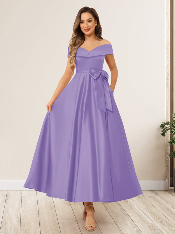A-Line/Princess Off-The-Shoulder Sleeveless Long Wedding Guest Dresses with Bow Knot