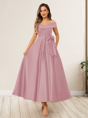 A-Line/Princess Off-The-Shoulder Sleeveless Long Wedding Guest Dresses with Bow Knot