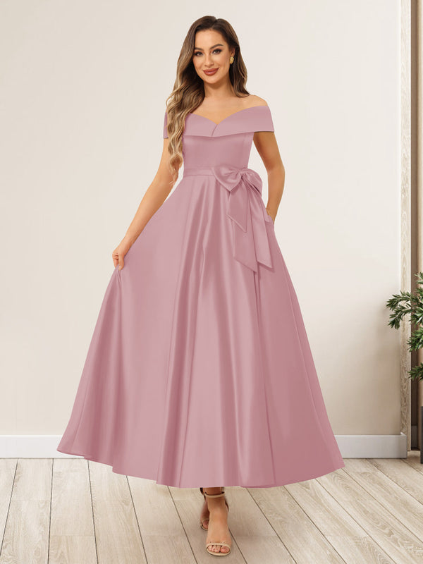 A-Line/Princess Off-The-Shoulder Sleeveless Long Wedding Guest Dresses with Bow Knot