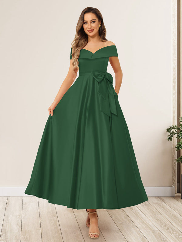 A-Line/Princess Off-The-Shoulder Sleeveless Long Wedding Guest Dresses with Bow Knot