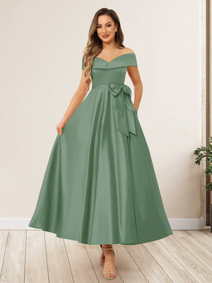 A-Line/Princess Off-The-Shoulder Sleeveless Long Wedding Guest Dresses with Bow Knot