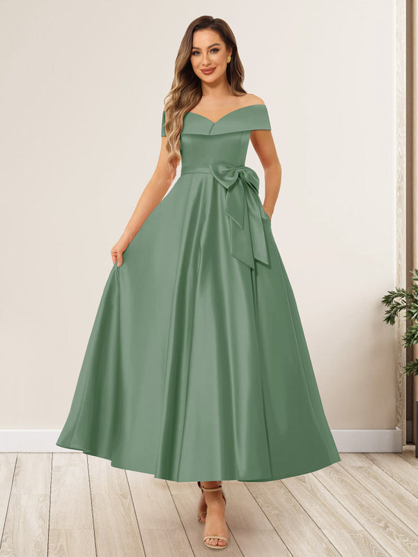 A-Line/Princess Off-The-Shoulder Sleeveless Long Wedding Guest Dresses with Bow Knot