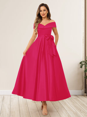 A-Line/Princess Off-The-Shoulder Sleeveless Long Wedding Guest Dresses with Bow Knot