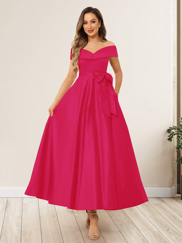 A-Line/Princess Off-The-Shoulder Sleeveless Long Wedding Guest Dresses with Bow Knot