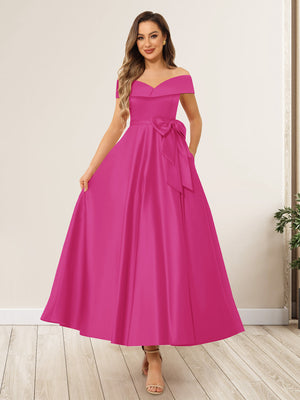 A-Line/Princess Off-The-Shoulder Sleeveless Long Wedding Guest Dresses with Bow Knot
