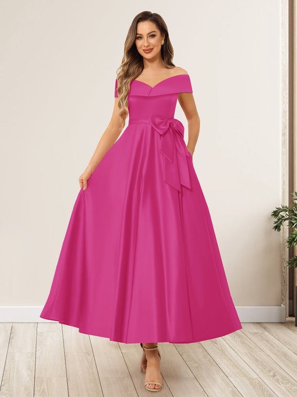 A-Line/Princess Off-The-Shoulder Sleeveless Long Wedding Guest Dresses with Bow Knot